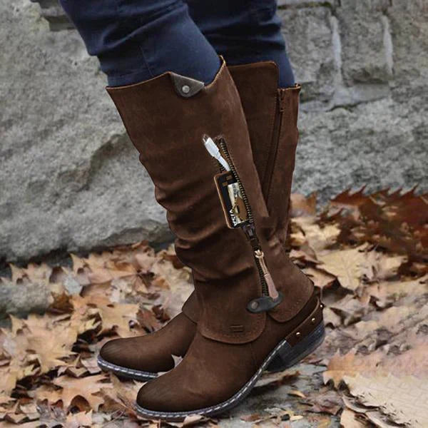 Christine - Bottes Vintage à Hauteur de Genou avec Poche à Fermeture Éclair et Talon Épais à Rivets  (Vente en Déstockage 2024)