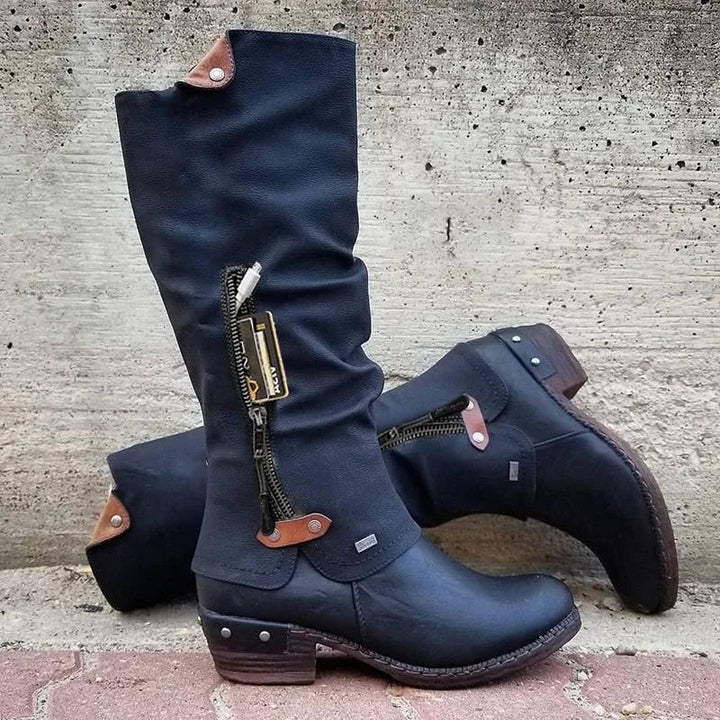 Christine - Bottes Vintage à Hauteur de Genou avec Poche à Fermeture Éclair et Talon Épais à Rivets  (Vente en Déstockage 2024)