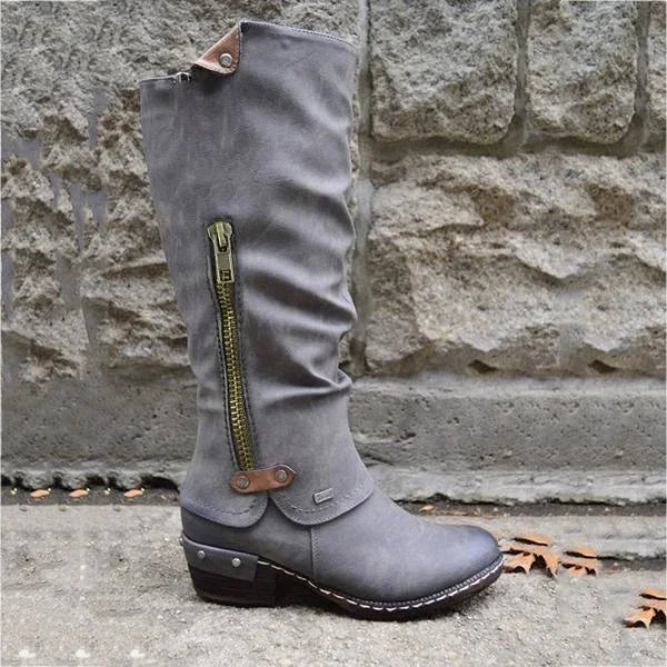 Christine - Bottes Vintage à Hauteur de Genou avec Poche à Fermeture Éclair et Talon Épais à Rivets  (Vente en Déstockage 2024)