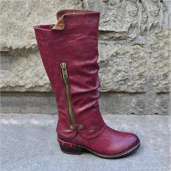 Christine - Bottes Vintage à Hauteur de Genou avec Poche à Fermeture Éclair et Talon Épais à Rivets  (Vente en Déstockage 2024)